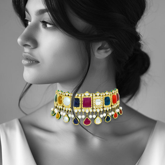 Navratan Choker with Polki and Pearl Drops